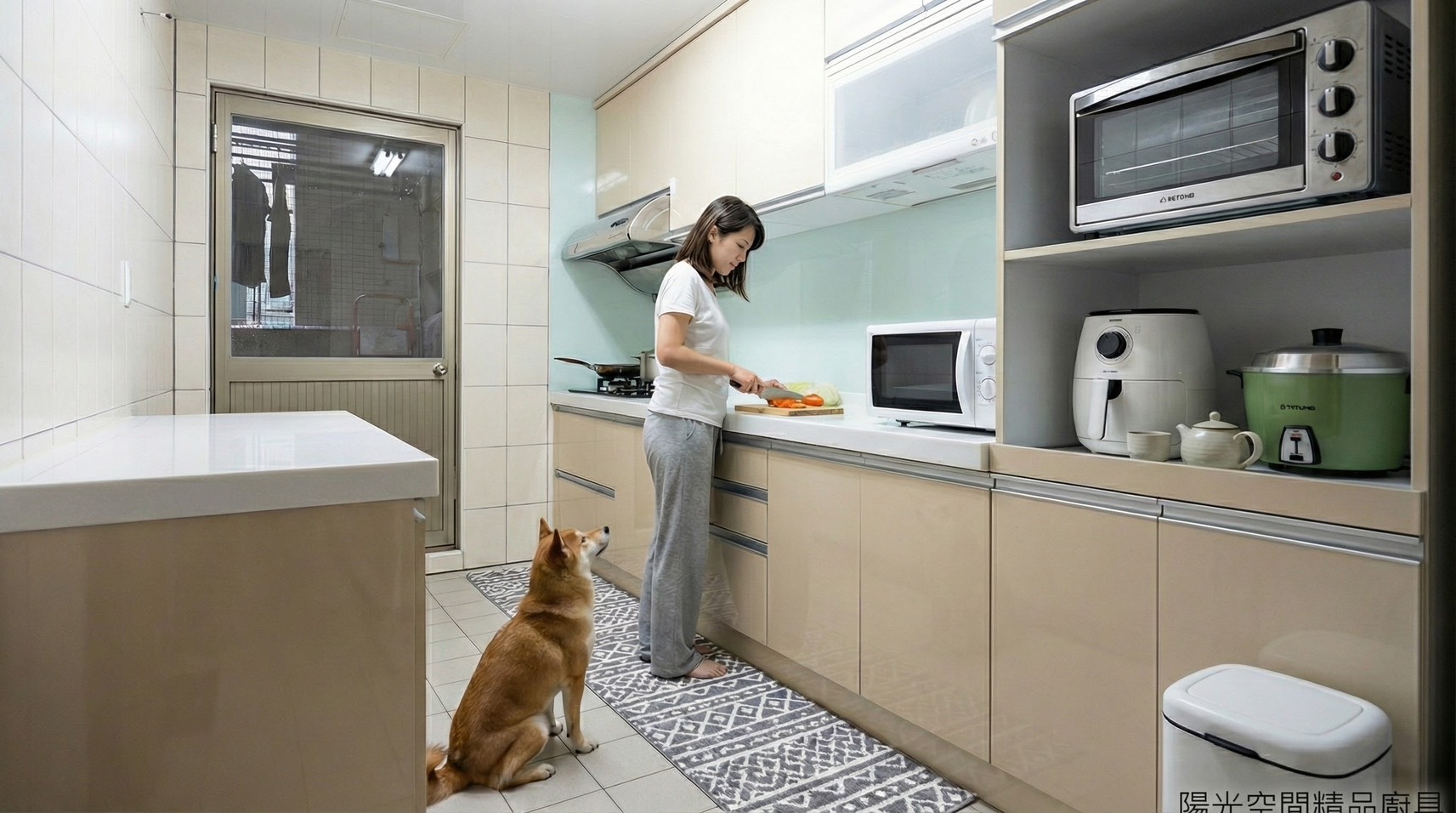 中和連城路二字型廚具 × 三星人造石 SI414 × 水晶門板 × G 型鋁把手｜陽光空間精品廚具