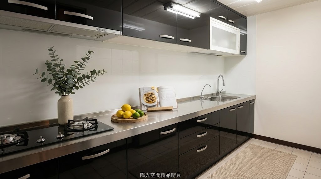 士林至善路黑白現代風廚房｜不鏽鋼檯面 × 水晶門板｜陽光空間精品廚具