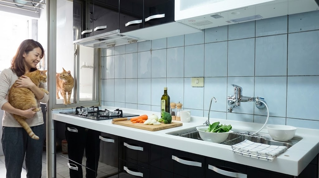 基隆基金一路黑白配色一字型廚具陽光照射下的俐落廚房