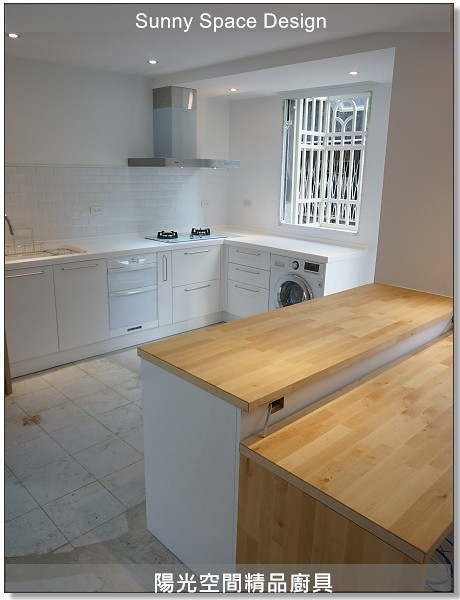 中和中山路鄉村風白色L型廚房與木檯面吧檯