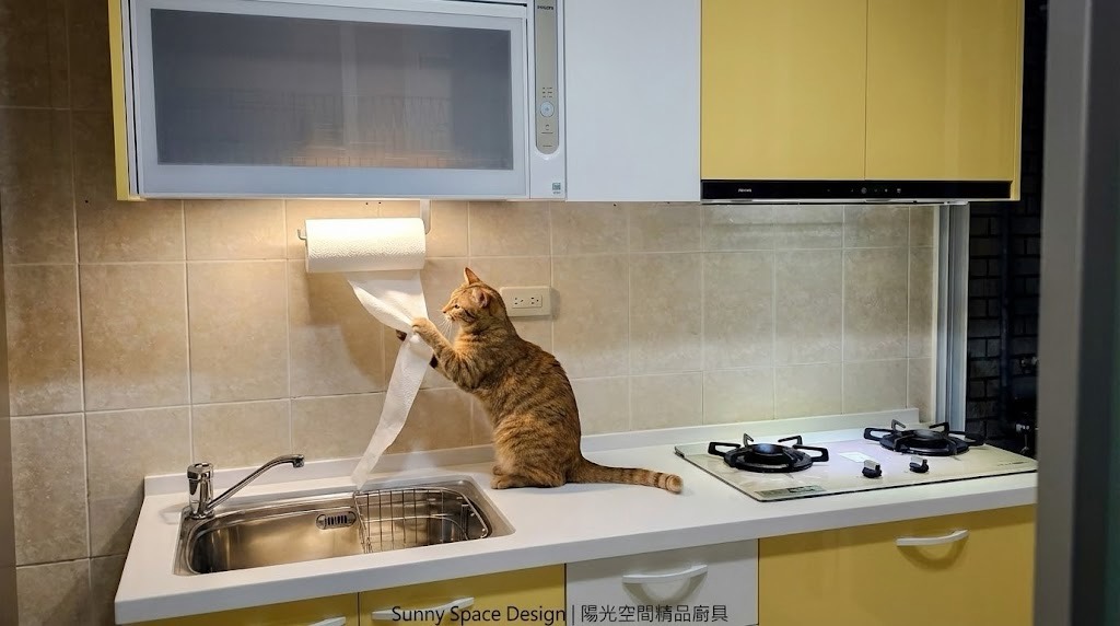 新店美河市黃色一字型廚房 結晶鋼烤門板 石英石檯面