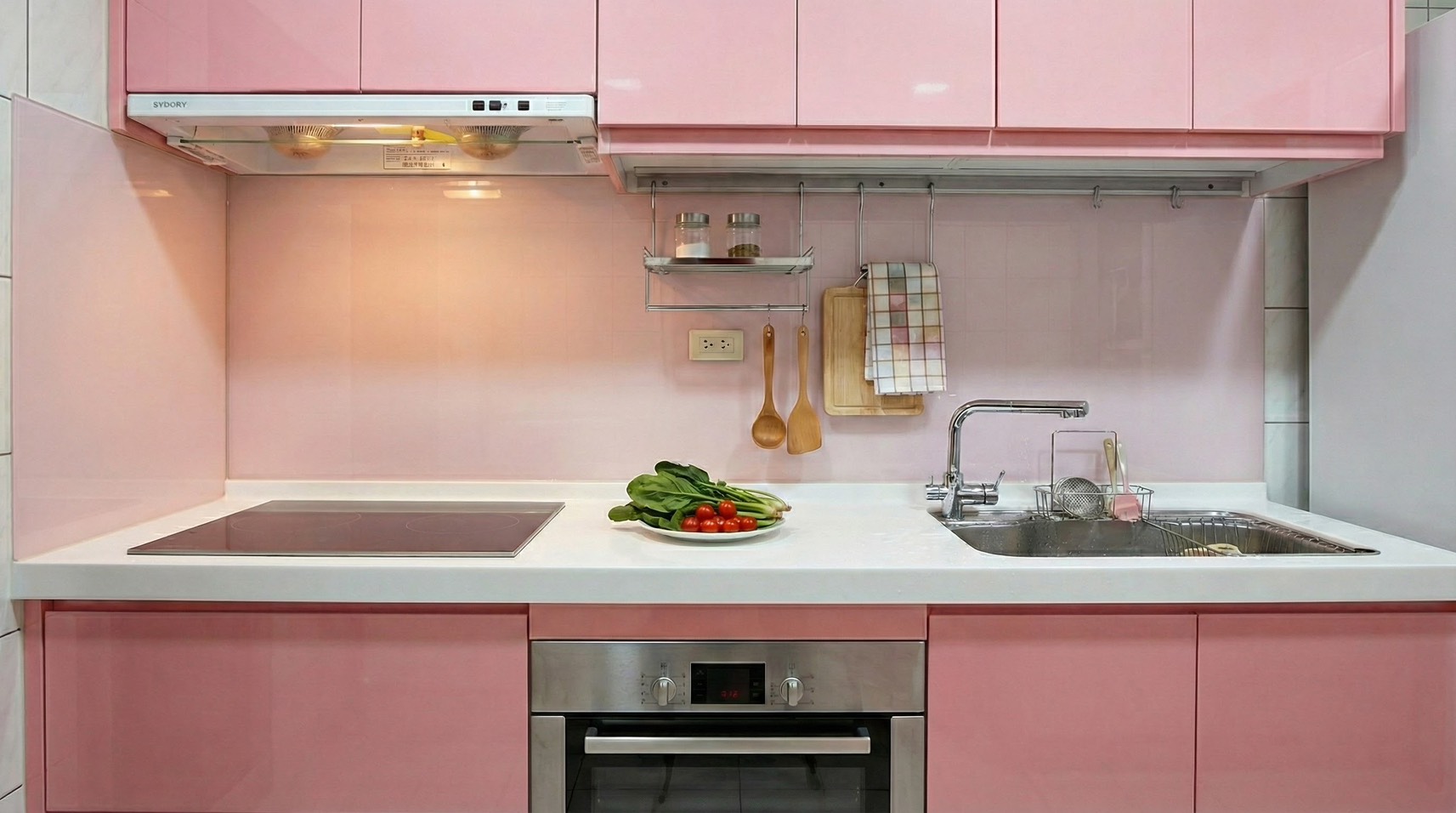 淡水粉紅系一字型廚房 x 人造石檯面 x 粉紅鋼琴烤漆 x 芭比風設計