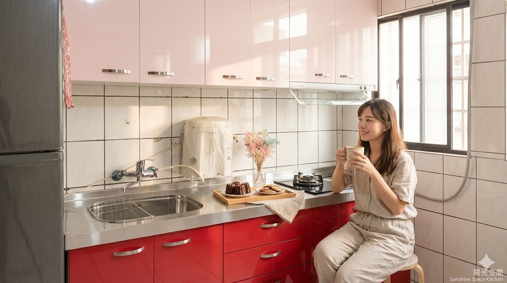 桃園龜山幸美街粉色系一字形廚具完工照