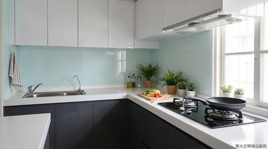 板橋L型廚具牆面斜角修正設計 × 黑白極簡廚房｜陽光空間精品廚具