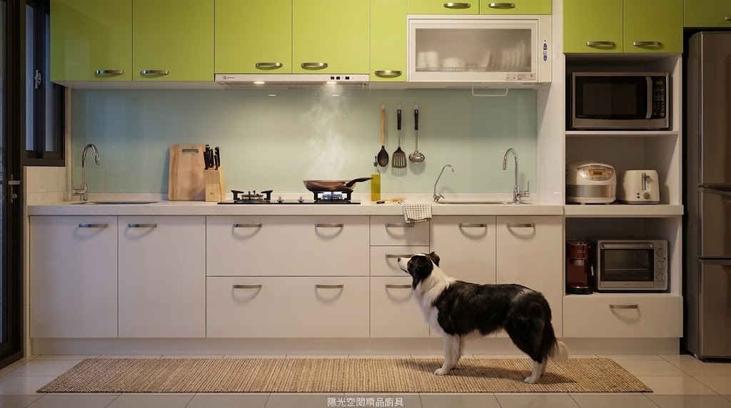 中和跳色清爽系廚具 × 六面結晶鋼烤 × 雙水槽配置｜陽光空間精品廚具
