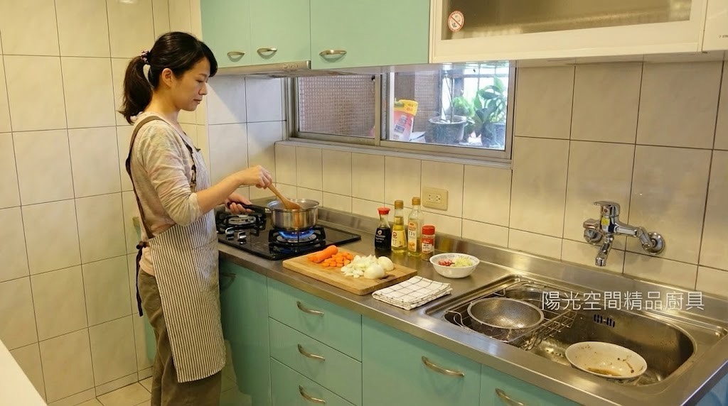台北信義路二字型廚具 × 不鏽鋼美耐板雙檯面 × 結晶鋼烤門板｜陽光空間精品廚具
