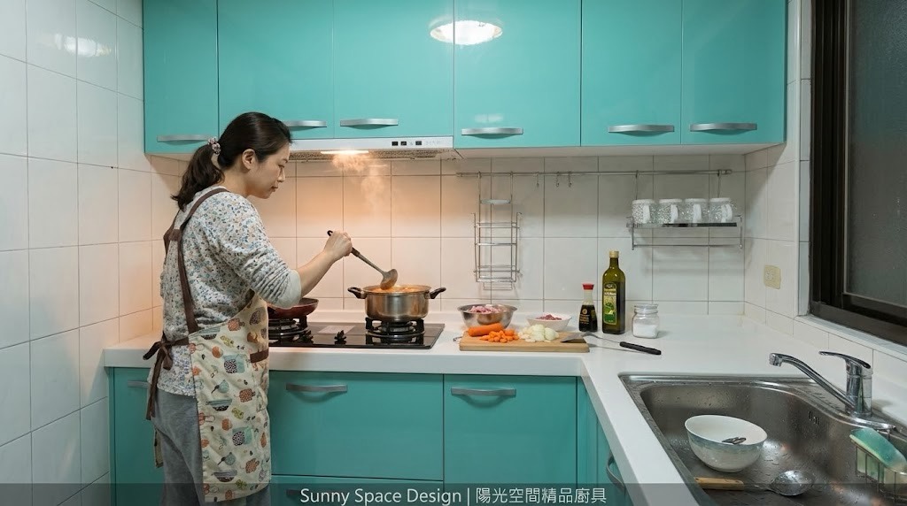 汐止L型廚具蒂芬妮藍門板 × 韓國人造石 × 櫻花三機