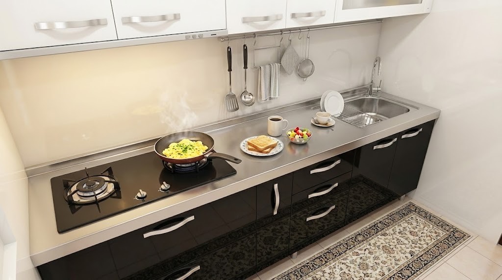 黑白系不銹鋼廚房 × 德國 BLUM 鋁抽 × 6cm 厚檯面