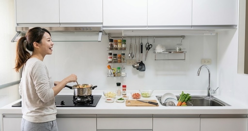 汐止新台五路白色歡樂系廚房 × 韓國人造石 × 喜特麗三機｜陽光空間精品廚具