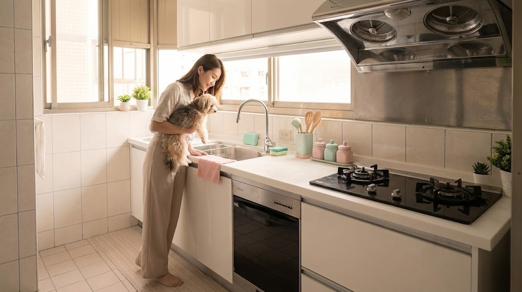 基隆堵南街山景窗邊廚房 × 一字型廚具 × 隱藏式垃圾桶｜陽光空間精品廚具