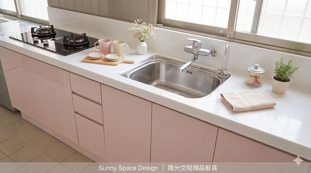 中和員山路粉嫩一字形廚具白檯面完工照