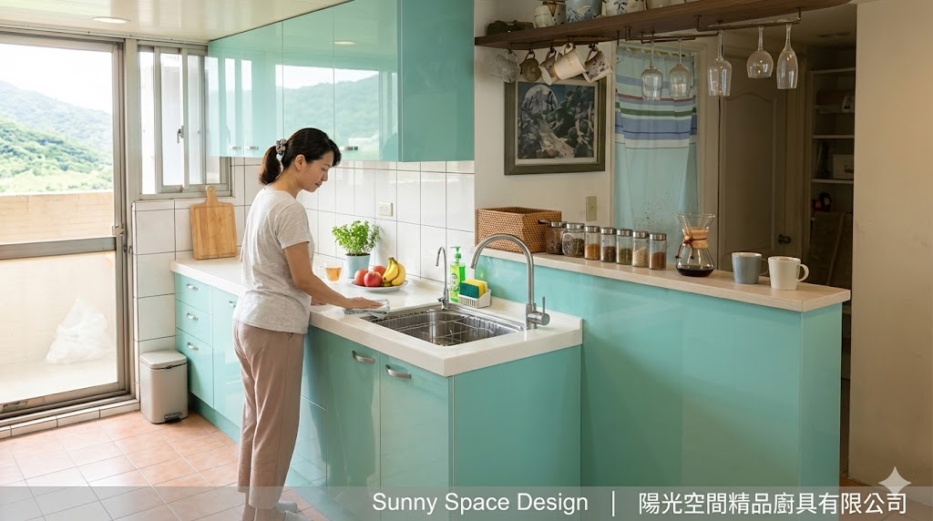 淡水興福寮薄荷綠水晶門板廚具前後雙檯面設計完工照