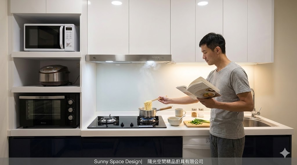 土城延和路一字形深藍白檯面廚具完工照