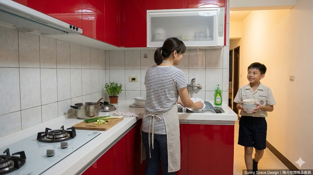 新莊八德路紅色L型水晶門板廚具完工照