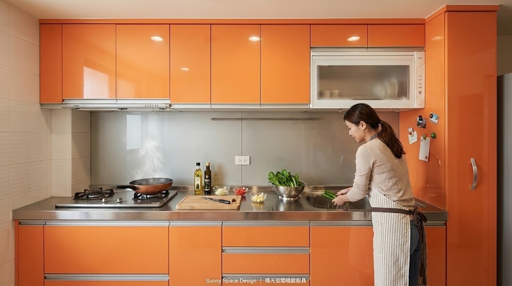 板橋橘子系一字型廚房 × 不銹鋼檯面 × 豪山三機｜陽光空間精品廚具