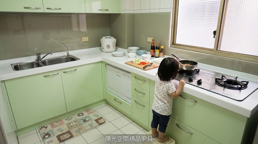 新莊復興路青蘋果綠廚房 結晶鋼烤門板 韓國人造石 陽光空間精品廚具