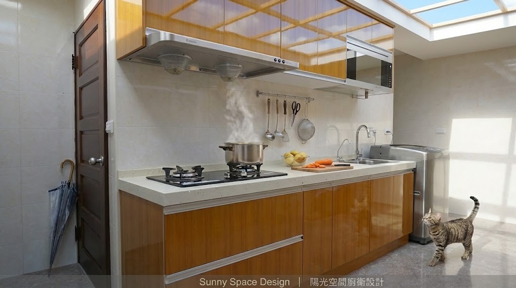 蘆洲中山二路 L 型木紋廚房 × 水晶門板 × 貝爾石英石檯面 × 吧檯｜陽光空間精品廚具