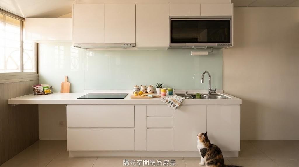 桃園龜山純白結晶鋼烤廚具 × 綠色烤漆玻璃 × 斜把手設計
