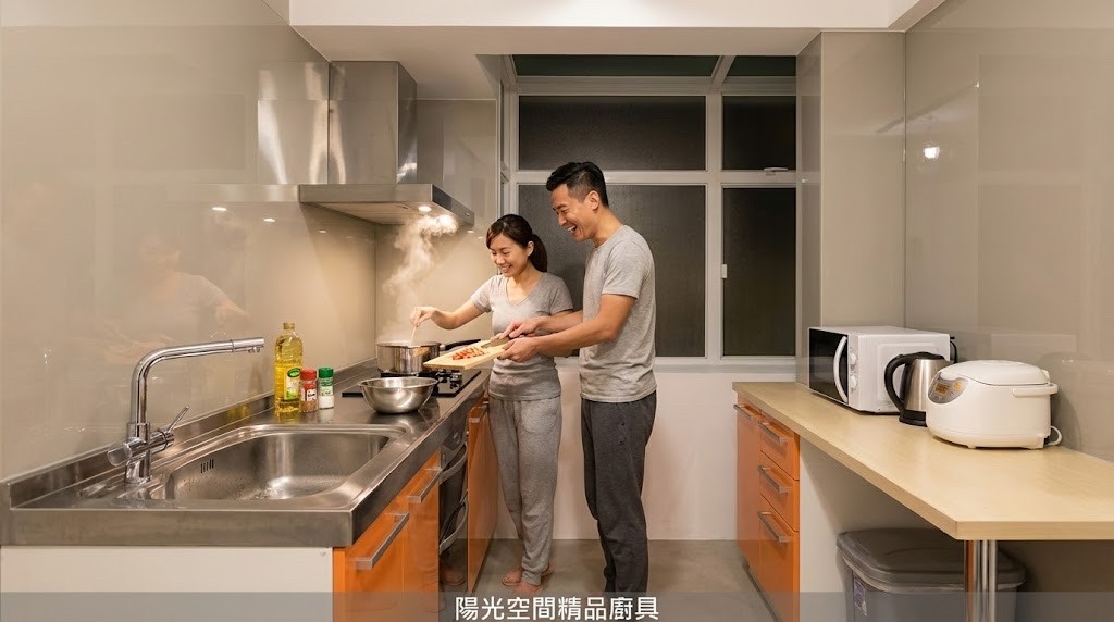 永和不鏽鋼工業風廚具 亮橘水晶門板 吧檯設計