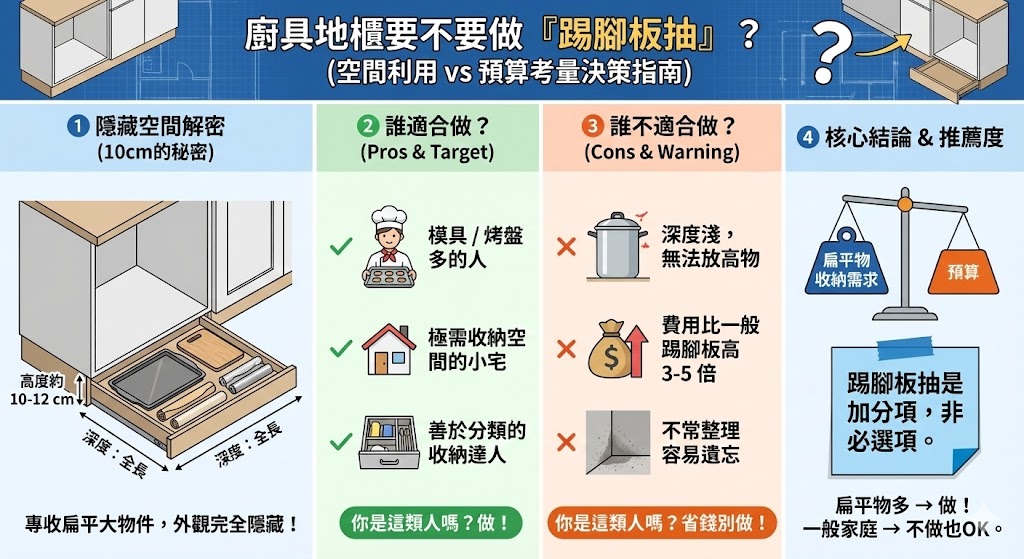 廚具踢腳板抽屜收納應用示意圖