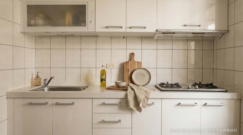 汐止大同路白色一字型廚具 × 韓國LG人造石 × 加深機罩設計｜陽光空間精品廚具