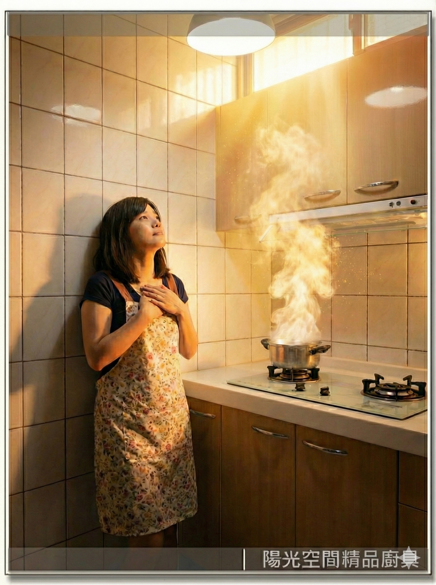 《廚房小說集》12 AI情境圖：受傷的女性退到廚房角落，眼神充滿無助與覺醒