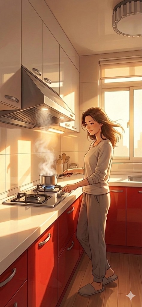 陽光空間廚具小說集：一位女性在廚房中找到自我，眼神充滿自信與光芒 - 示意圖