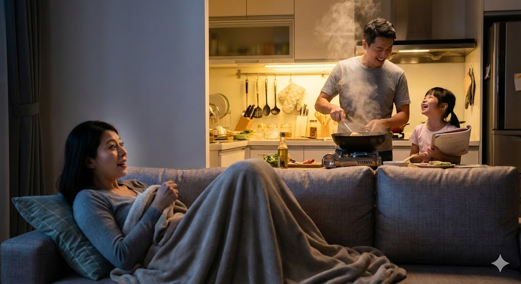 《廚房小說集》3 AI情境圖：月經來時的疲憊與丈夫下廚的背影