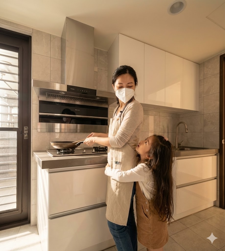 《廚房小說集》2 AI情境圖:媽媽在廚房忙碌,女兒好奇地看著抽油煙機
