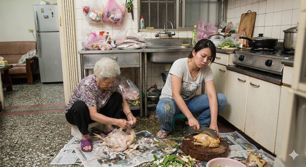 《廚房小說集》6 AI情境圖:媳婦在傳統廚房忙碌拜拜的場景