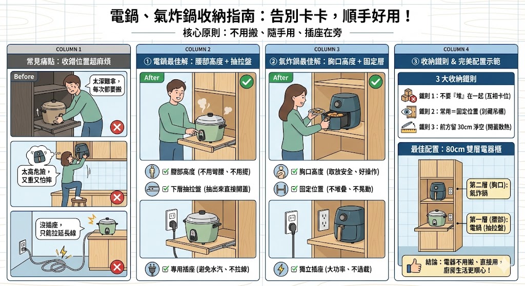 廚房電器櫃抽拉盤與家電收納示意圖
