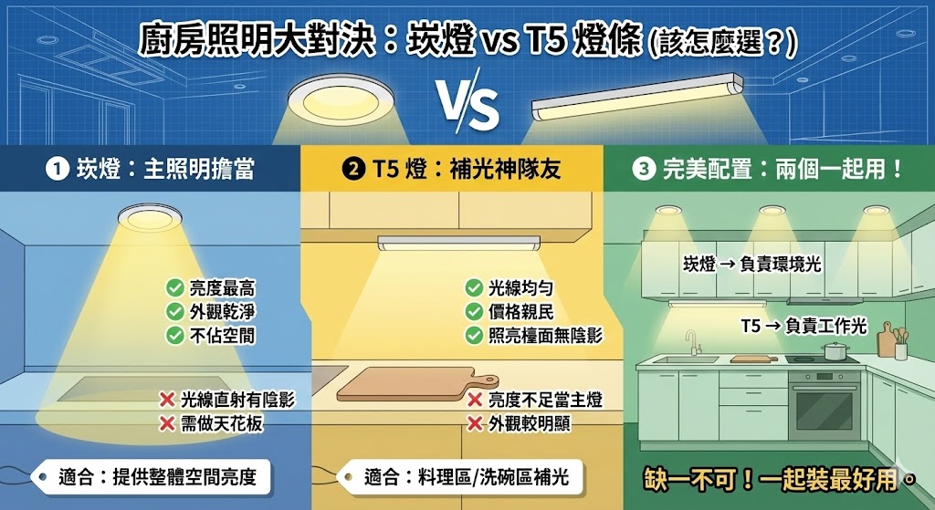 廚房明亮照明配置示意圖-崁燈搭配檯面燈條