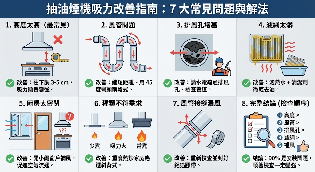 抽油煙機正確安裝與吸力改善全攻略 抽油煙機吸力改善教學:安裝高度與排風管示意圖