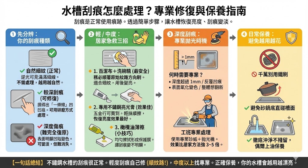 不鏽鋼水槽刮痕修復前後對比示意圖