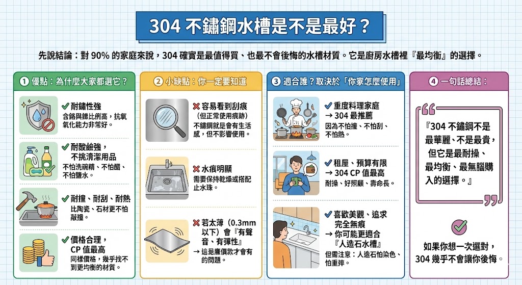 304不鏽鋼水槽質感與耐用度示意圖
