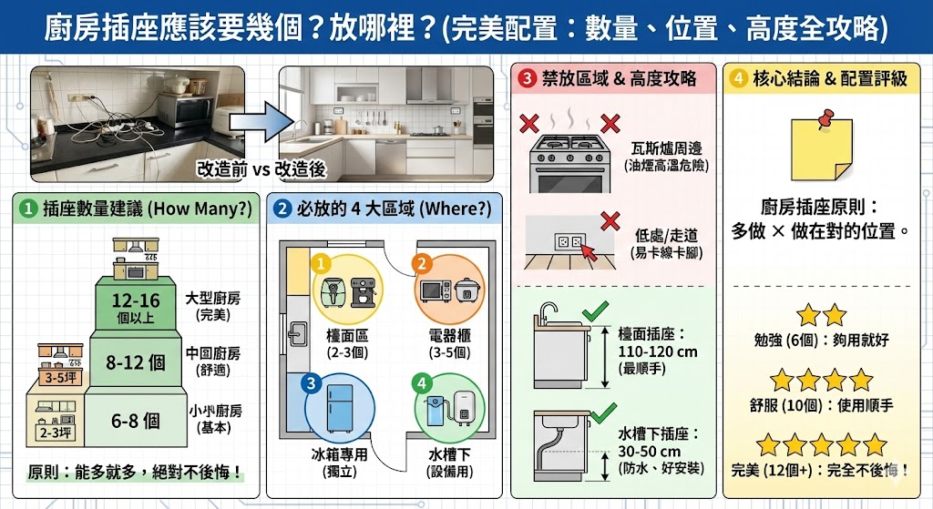 廚房插座規劃示意圖：展示不同區域的插座配置