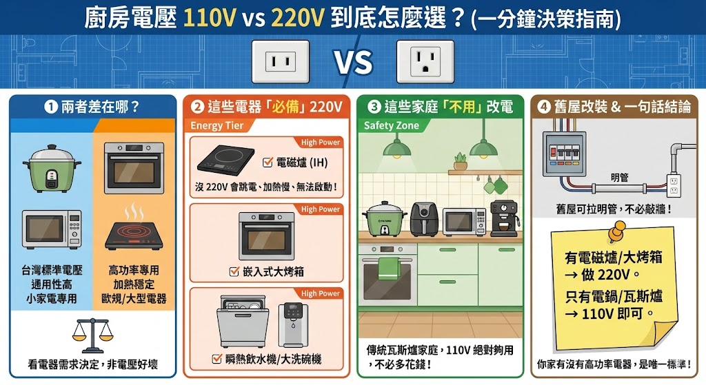 廚房110V與220V插座配置示意圖