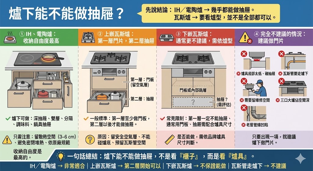 IH爐與瓦斯爐下方抽屜配置示意圖