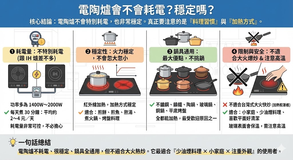 電陶爐加熱紅光與鍋具使用示意圖