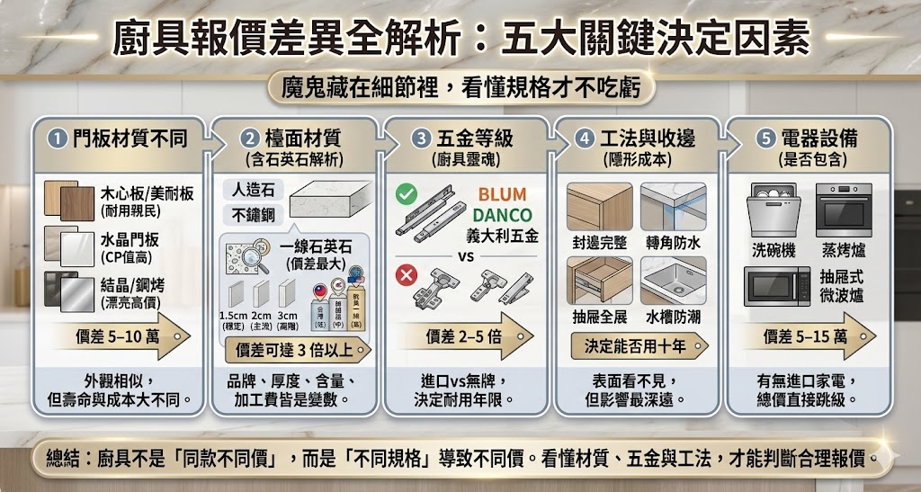 廚具報價差異分析示意圖-門板檯面五金比較