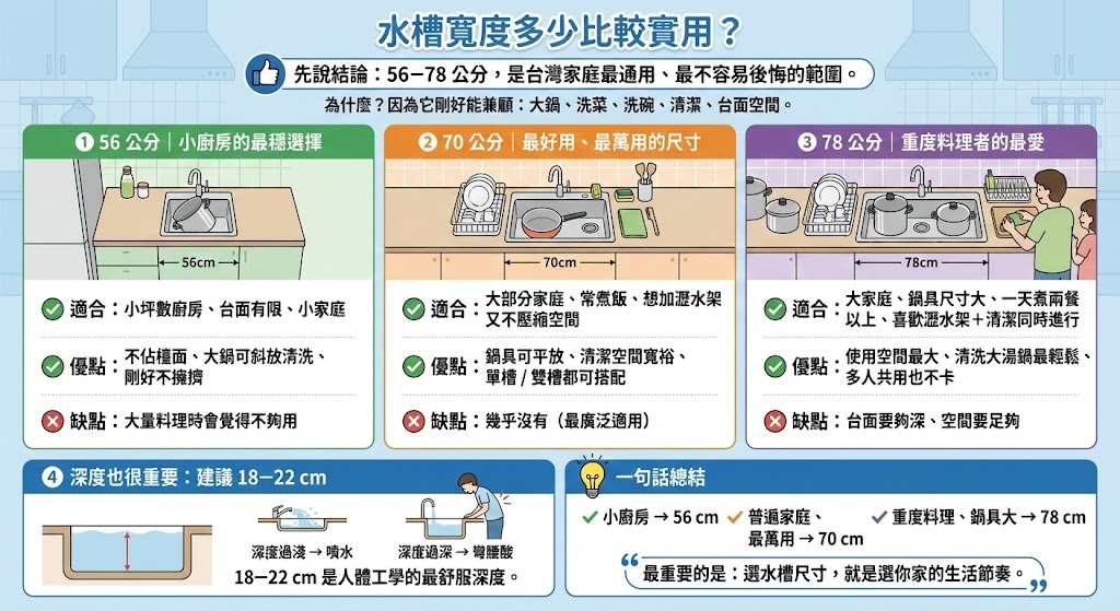 廚房不鏽鋼大單槽尺寸與使用情境示意圖