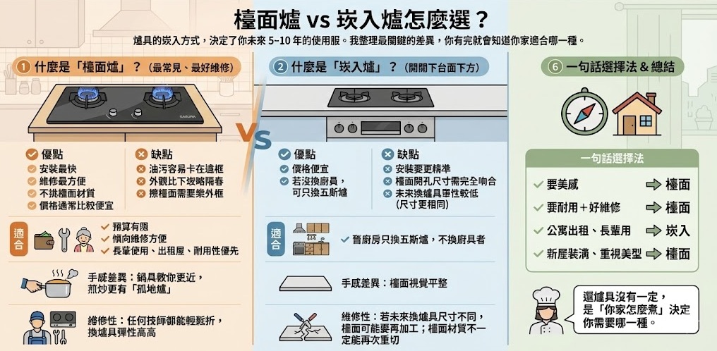 檯面爐與崁入爐外觀比較示意圖