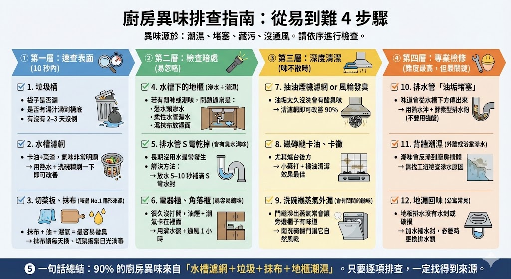 廚房異味來源檢查示意圖-水槽排水管垃圾桶