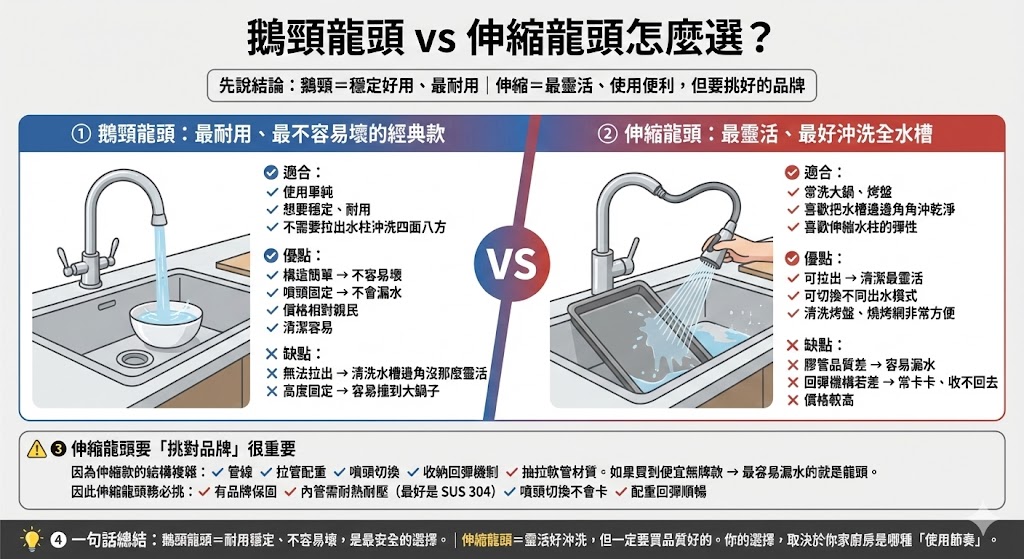鵝頸與伸縮水龍頭功能比較示意圖