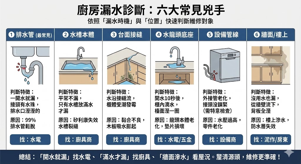 廚房常見漏水位置示意圖-水槽排水管龍頭