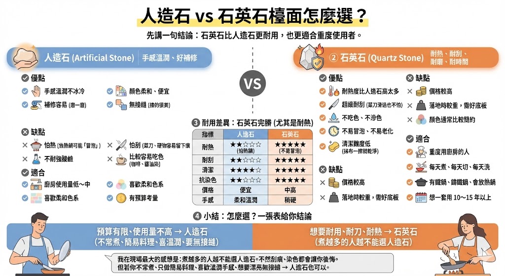 人造石與石英石檯面質感比較示意圖