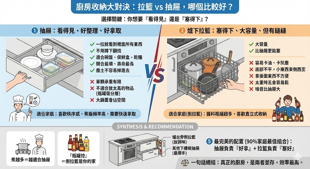 廚房抽屜與不鏽鋼拉籃收納比較示意圖
