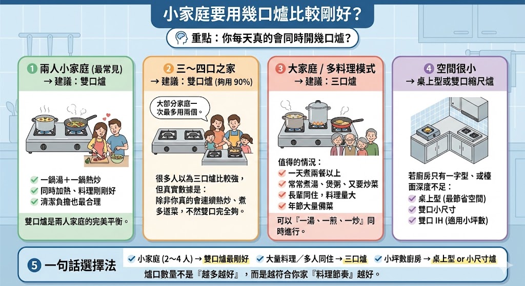 廚房雙口瓦斯爐與三口爐使用情境示意圖