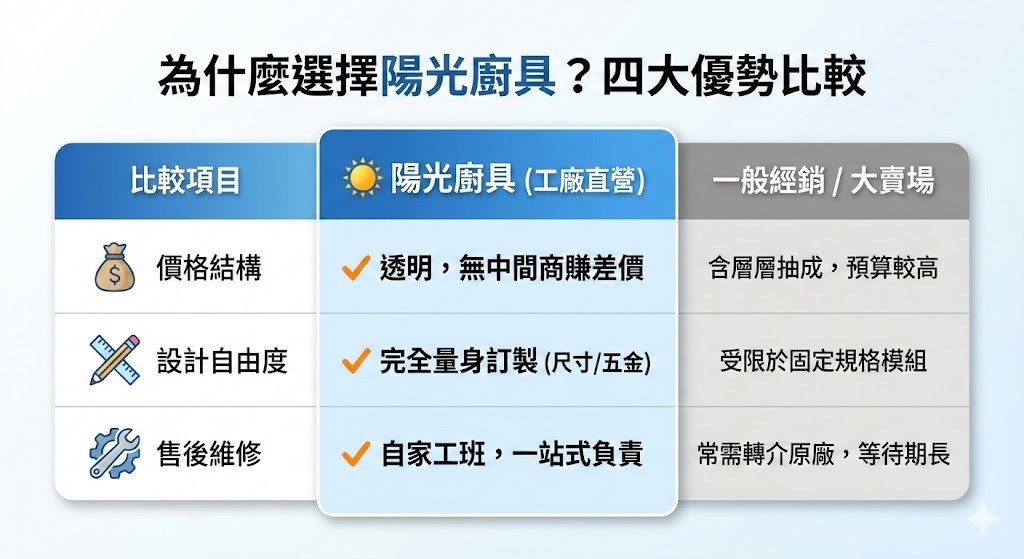 陽光廚具工廠直營優勢-量身訂製與完善售後