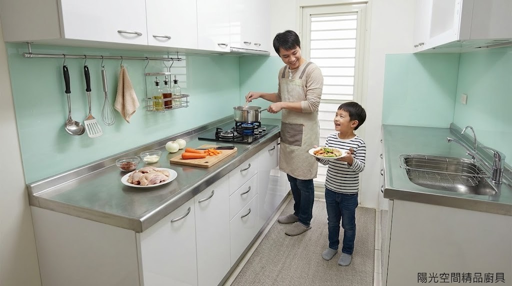 永和二字型廚具懸吊式下櫃 × 不銹鋼檯面 × 分流動線｜陽光空間精品廚具